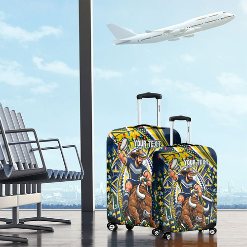 Personalized North Queensland Cowboys Rugby Christmas Luggage Cover Holiday Mascot Graphic Art Festive Lights Bow