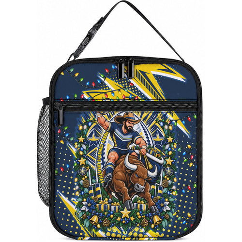 Personalized North Queensland Cowboys Rugby Christmas Lunch Bag Holiday Mascot Graphic Art Festive Lights Bow