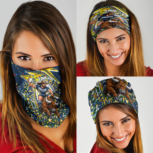 Personalized North Queensland Cowboys Rugby Christmas Neck Gaiter Holiday Mascot Graphic Art Festive Lights Bow
