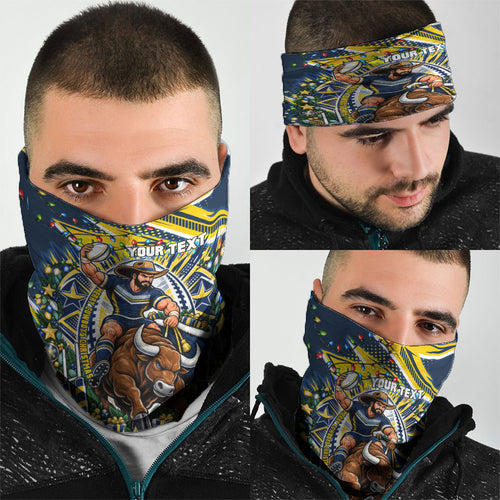 Personalized North Queensland Cowboys Rugby Christmas Neck Gaiter Holiday Mascot Graphic Art Festive Lights Bow