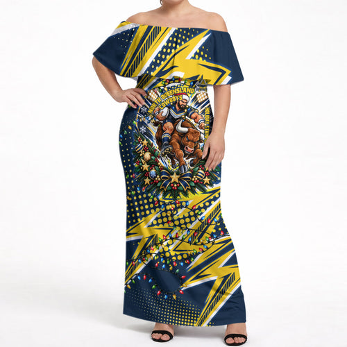 Personalized North Queensland Cowboys Rugby Christmas Off Shoulder Maxi Dress Holiday Mascot Graphic Art Festive Lights Bow