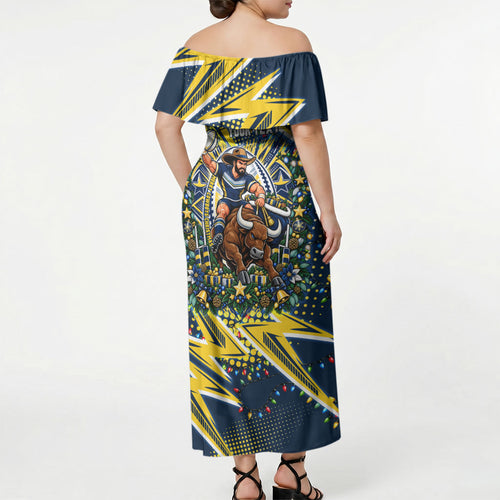 Personalized North Queensland Cowboys Rugby Christmas Off Shoulder Maxi Dress Holiday Mascot Graphic Art Festive Lights Bow
