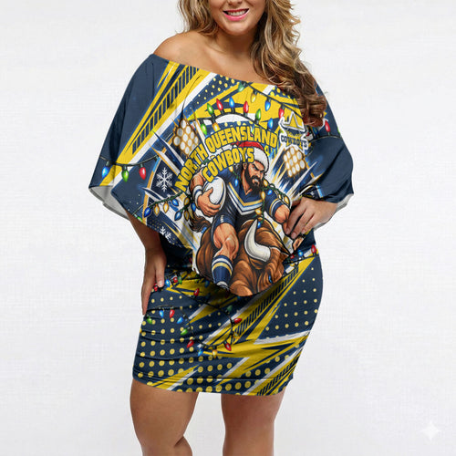 Personalized North Queensland Cowboys Rugby Christmas Off Shoulder Short Dress Holiday Mascot Graphic Art Festive Lights Bow
