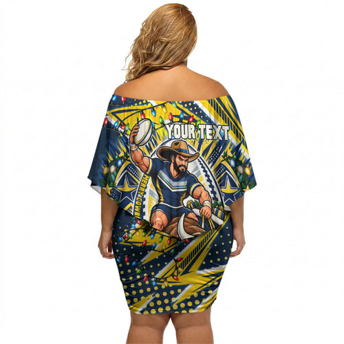 Personalized North Queensland Cowboys Rugby Christmas Off Shoulder Short Dress Holiday Mascot Graphic Art Festive Lights Bow