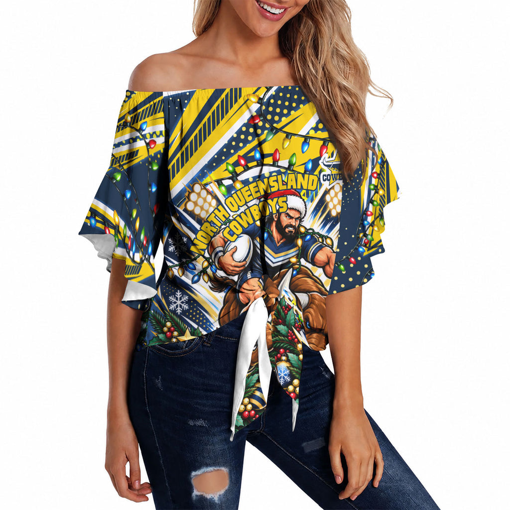 Personalized North Queensland Cowboys Rugby Christmas Off Shoulder Wrap Waist Top Holiday Mascot Graphic Art Festive Lights Bow