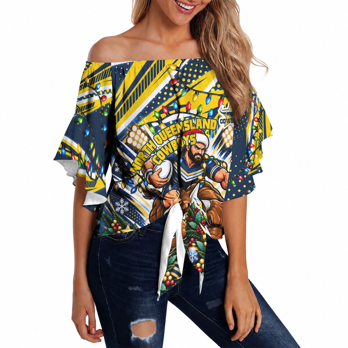 Personalized North Queensland Cowboys Rugby Christmas Off Shoulder Wrap Waist Top Holiday Mascot Graphic Art Festive Lights Bow