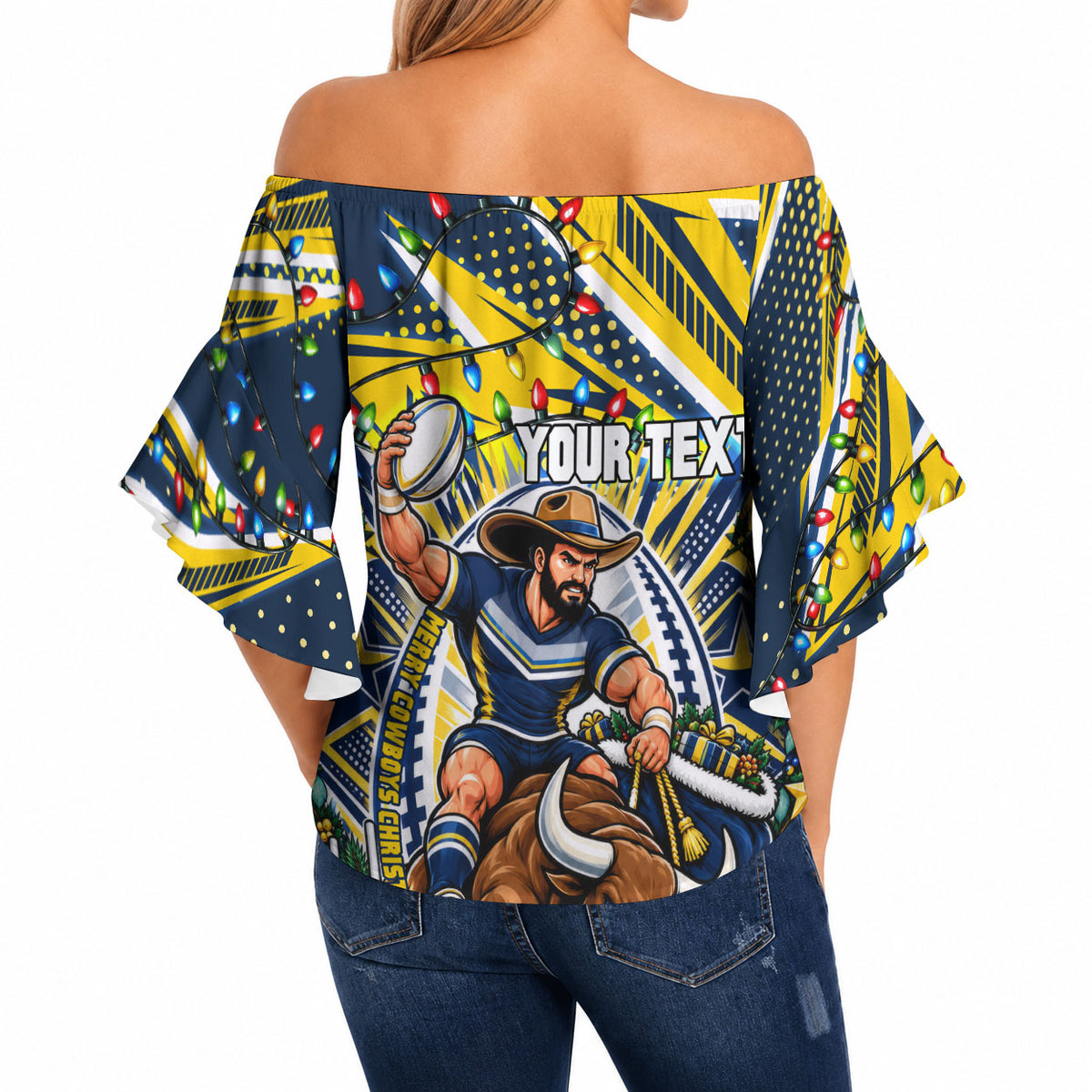 Personalized North Queensland Cowboys Rugby Christmas Off Shoulder Wrap Waist Top Holiday Mascot Graphic Art Festive Lights Bow