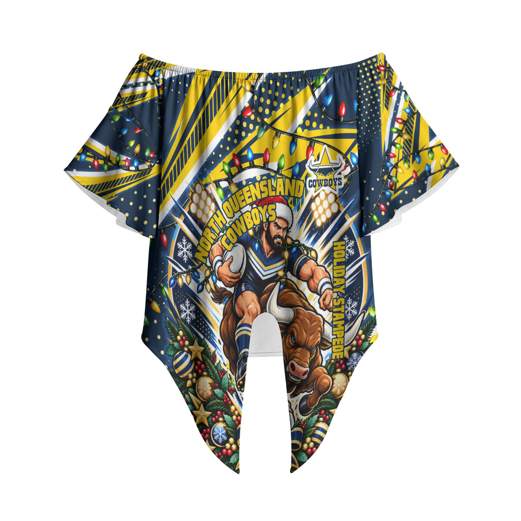 Personalized North Queensland Cowboys Rugby Christmas Off Shoulder Wrap Waist Top Holiday Mascot Graphic Art Festive Lights Bow