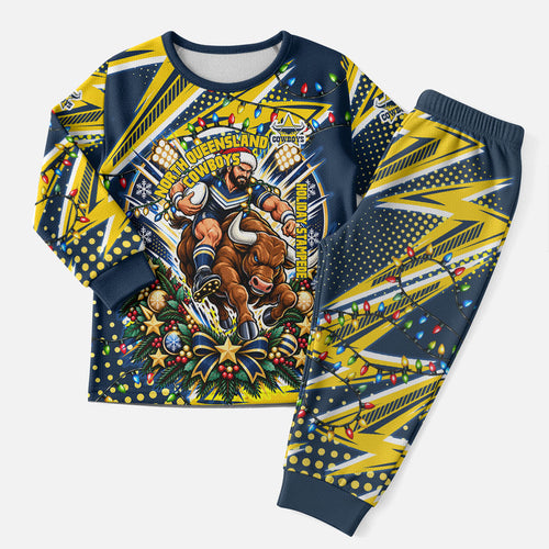 Personalized North Queensland Cowboys Rugby Christmas Pajama Set Holiday Mascot Graphic Art Festive Lights Bow