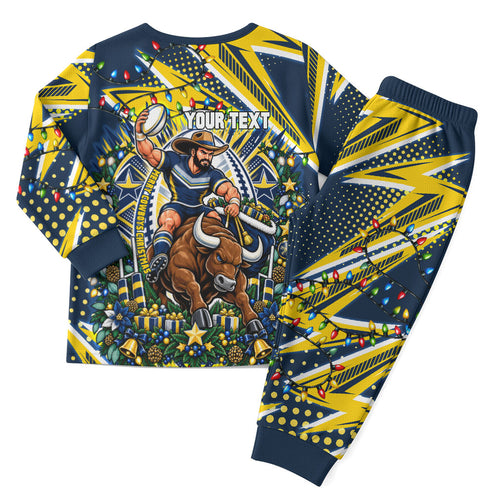 Personalized North Queensland Cowboys Rugby Christmas Pajama Set Holiday Mascot Graphic Art Festive Lights Bow