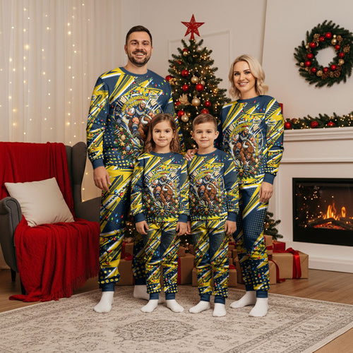Personalized North Queensland Cowboys Rugby Christmas Pajama Set Holiday Mascot Graphic Art Festive Lights Bow