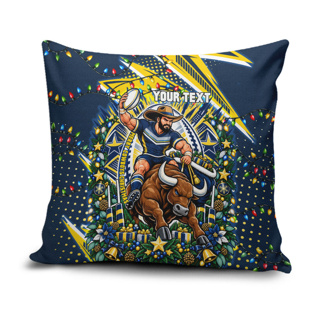 Personalized North Queensland Cowboys Rugby Christmas Pillow Cover Holiday Mascot Graphic Art Festive Lights Bow