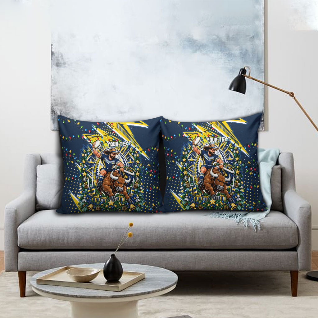 Personalized North Queensland Cowboys Rugby Christmas Pillow Cover Holiday Mascot Graphic Art Festive Lights Bow