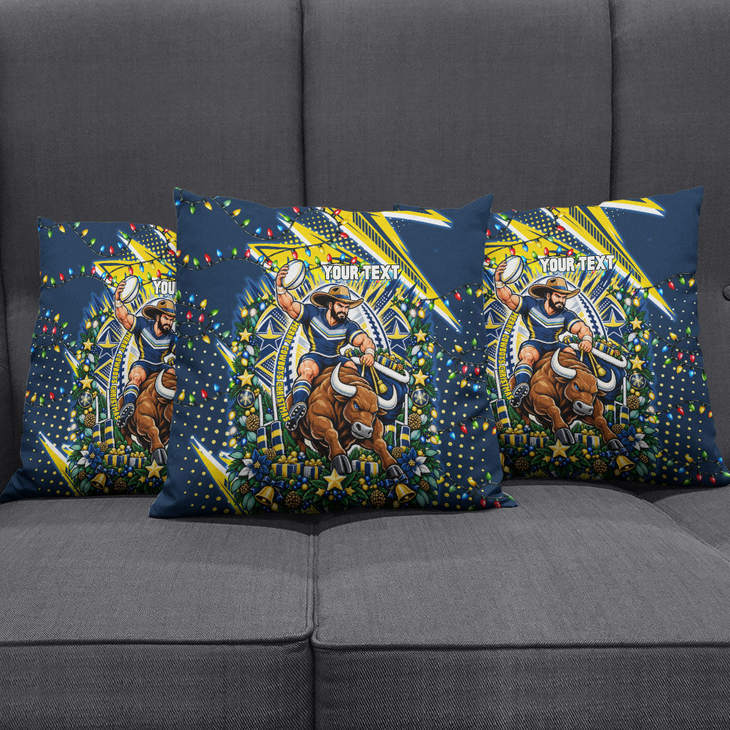 Personalized North Queensland Cowboys Rugby Christmas Pillow Cover Holiday Mascot Graphic Art Festive Lights Bow