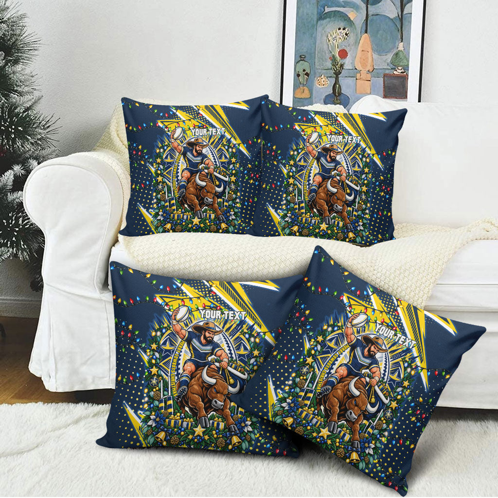 Personalized North Queensland Cowboys Rugby Christmas Pillow Cover Holiday Mascot Graphic Art Festive Lights Bow
