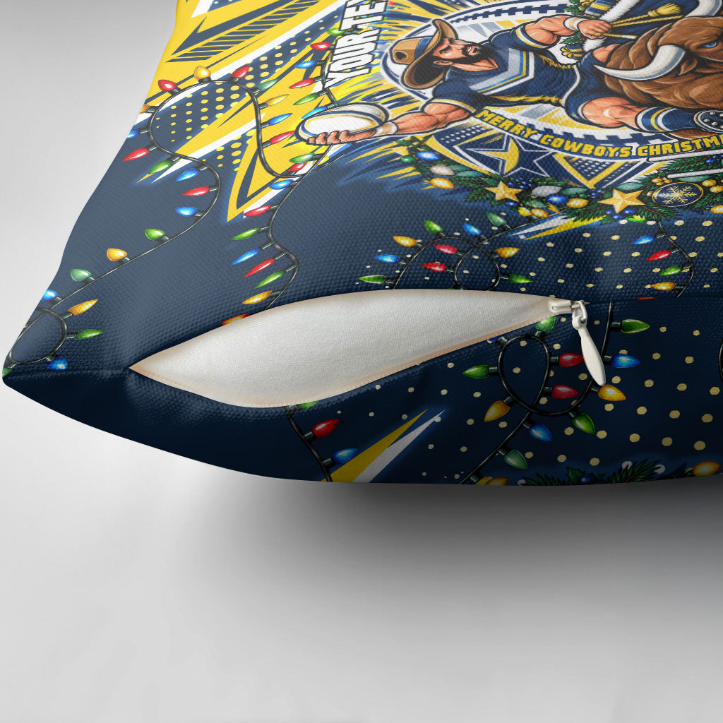 Personalized North Queensland Cowboys Rugby Christmas Pillow Cover Holiday Mascot Graphic Art Festive Lights Bow