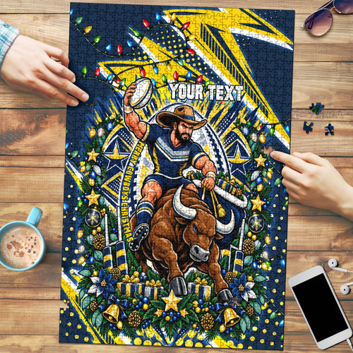 Personalized North Queensland Cowboys Rugby Christmas Puzzle Holiday Mascot Graphic Art Festive Lights Bow