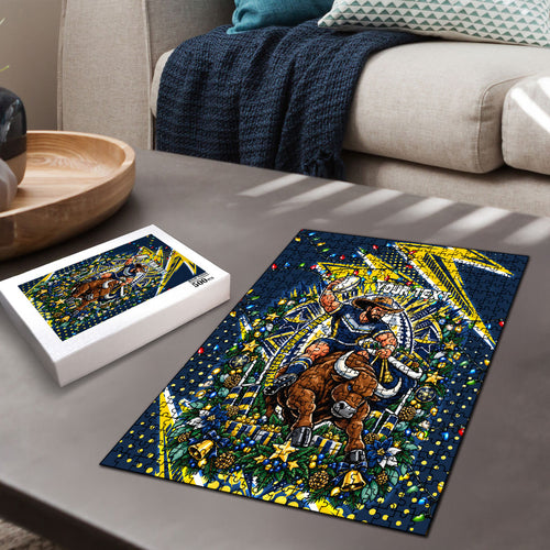 Personalized North Queensland Cowboys Rugby Christmas Puzzle Holiday Mascot Graphic Art Festive Lights Bow