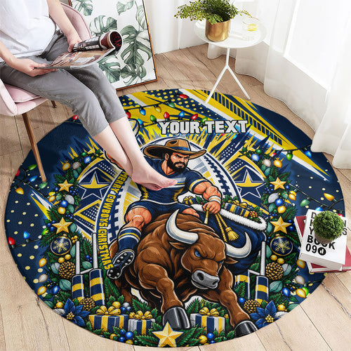 Personalized North Queensland Cowboys Rugby Christmas Round Carpet Holiday Mascot Graphic Art Festive Lights Bow