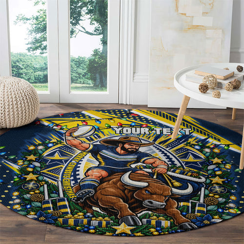 Personalized North Queensland Cowboys Rugby Christmas Round Carpet Holiday Mascot Graphic Art Festive Lights Bow