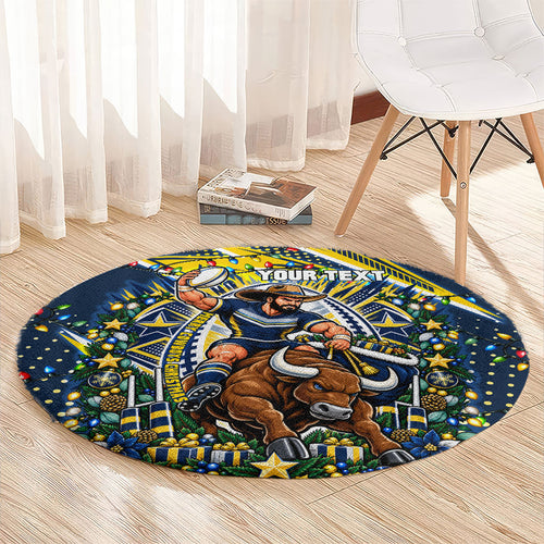 Personalized North Queensland Cowboys Rugby Christmas Round Carpet Holiday Mascot Graphic Art Festive Lights Bow