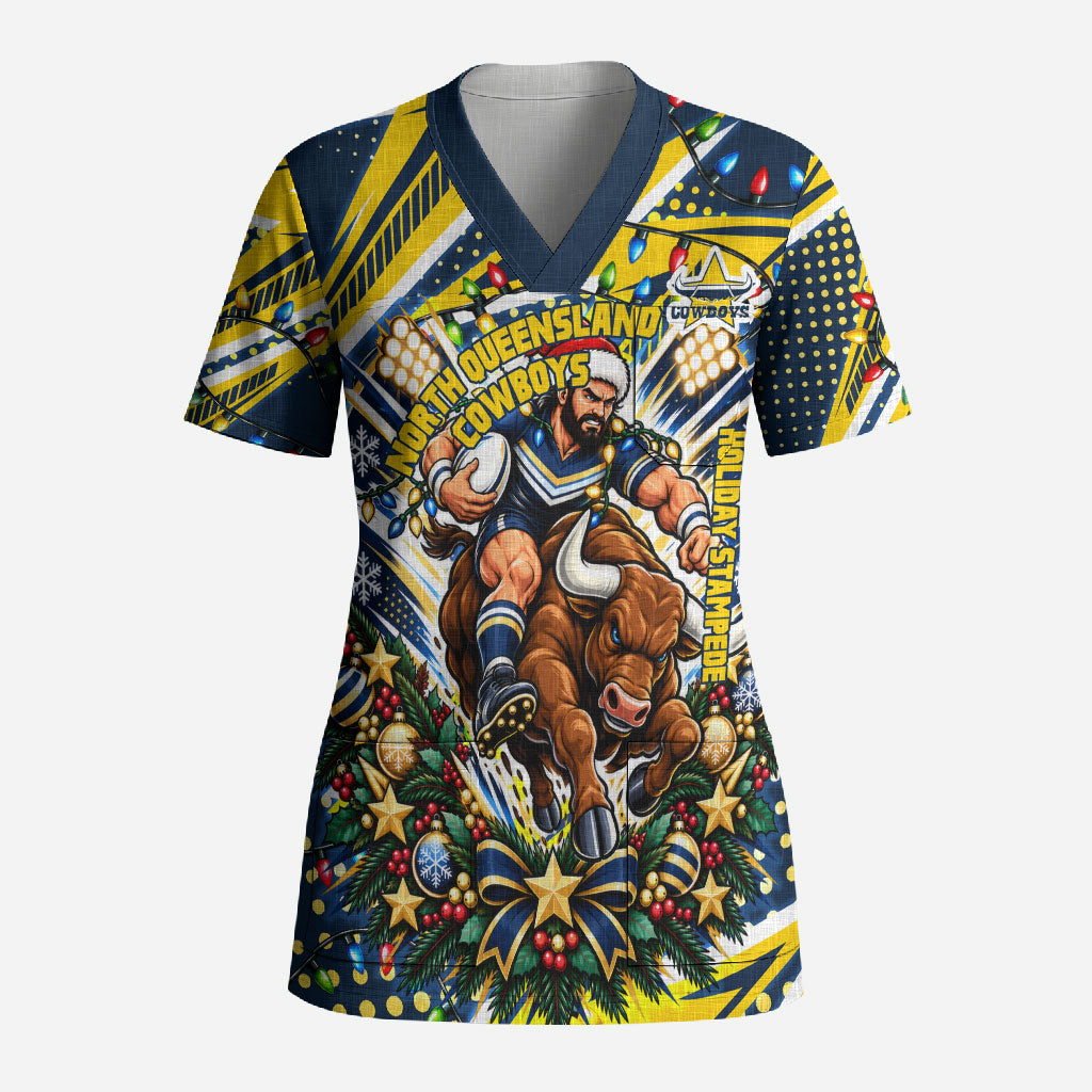 Personalized North Queensland Cowboys Rugby Christmas Scrub Top Holiday Mascot Graphic Art Festive Lights Bow