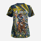 Personalized North Queensland Cowboys Rugby Christmas Scrub Top Holiday Mascot Graphic Art Festive Lights Bow