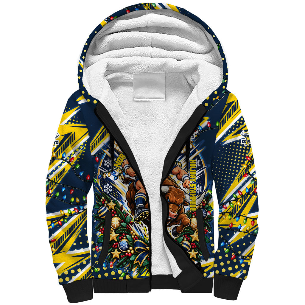 Personalized North Queensland Cowboys Rugby Christmas Sherpa Hoodie Holiday Mascot Graphic Art Festive Lights Bow