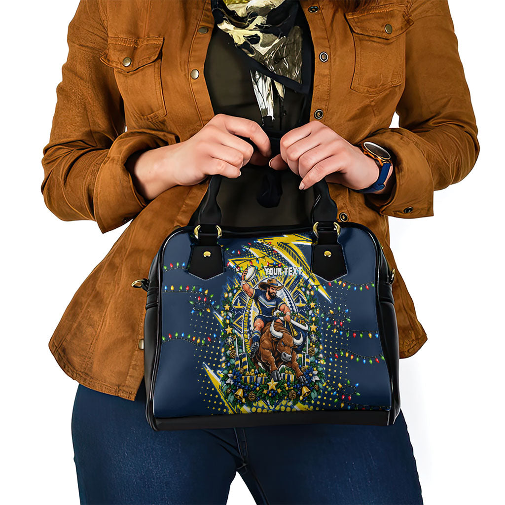 Personalized North Queensland Cowboys Rugby Christmas Shoulder Handbag Holiday Mascot Graphic Art Festive Lights Bow
