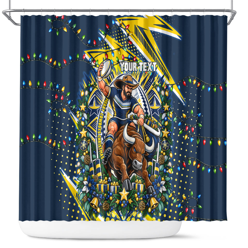 Personalized North Queensland Cowboys Rugby Christmas Shower Curtain Holiday Mascot Graphic Art Festive Lights Bow