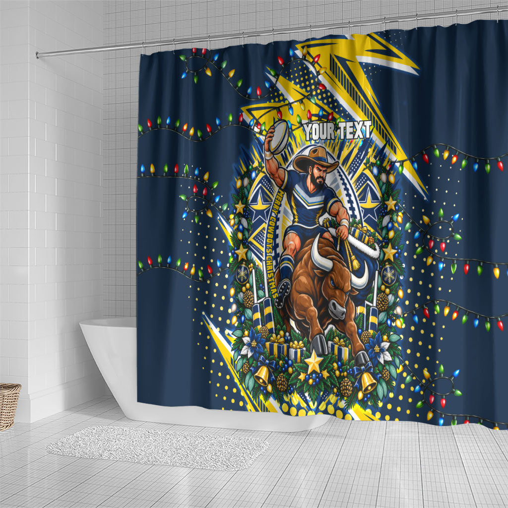 Personalized North Queensland Cowboys Rugby Christmas Shower Curtain Holiday Mascot Graphic Art Festive Lights Bow