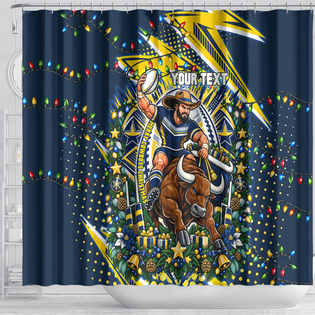 Personalized North Queensland Cowboys Rugby Christmas Shower Curtain Holiday Mascot Graphic Art Festive Lights Bow