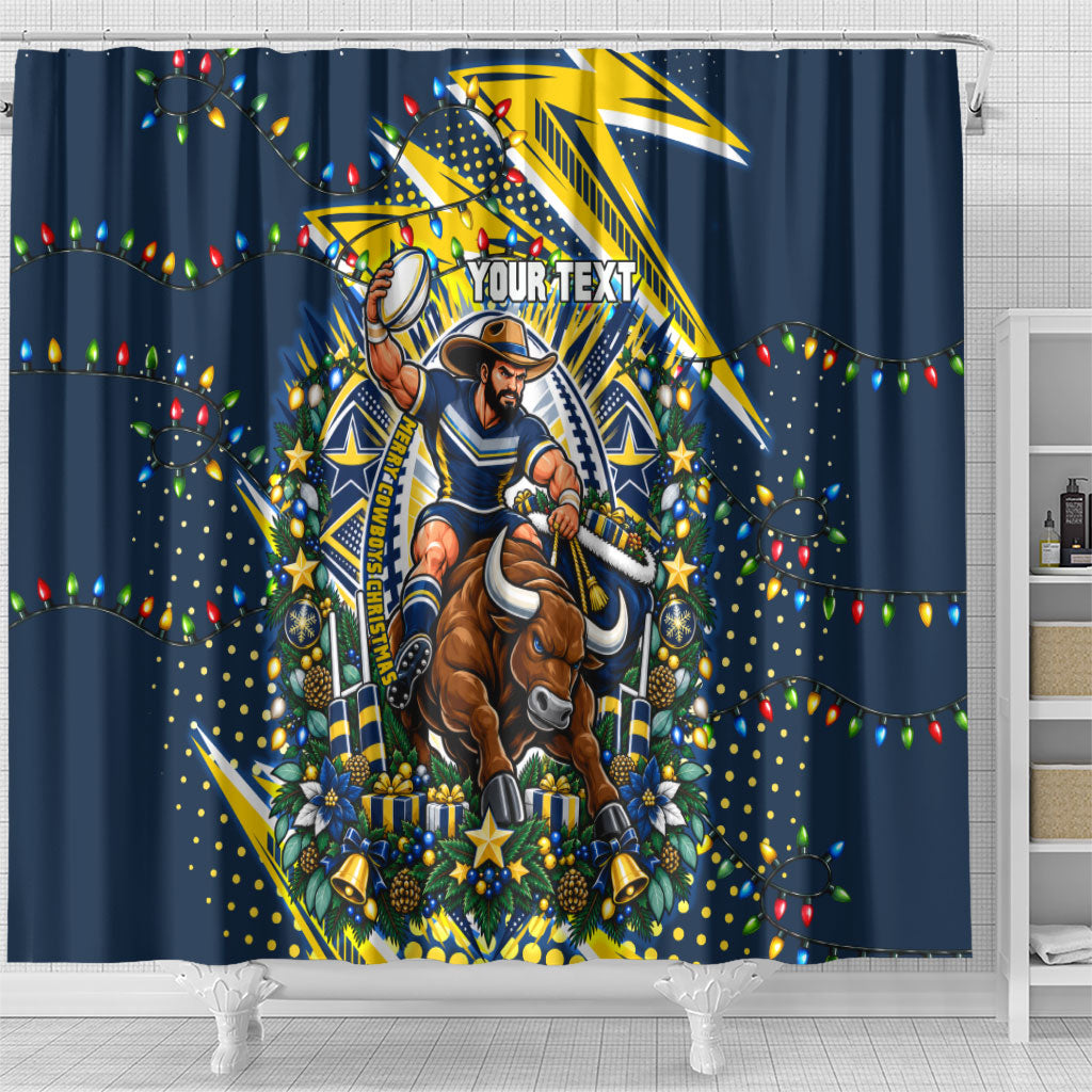 Personalized North Queensland Cowboys Rugby Christmas Shower Curtain Holiday Mascot Graphic Art Festive Lights Bow
