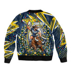 Personalized North Queensland Cowboys Rugby Christmas Sleeve Zip Bomber Jacket Holiday Mascot Graphic Art Festive Lights Bow