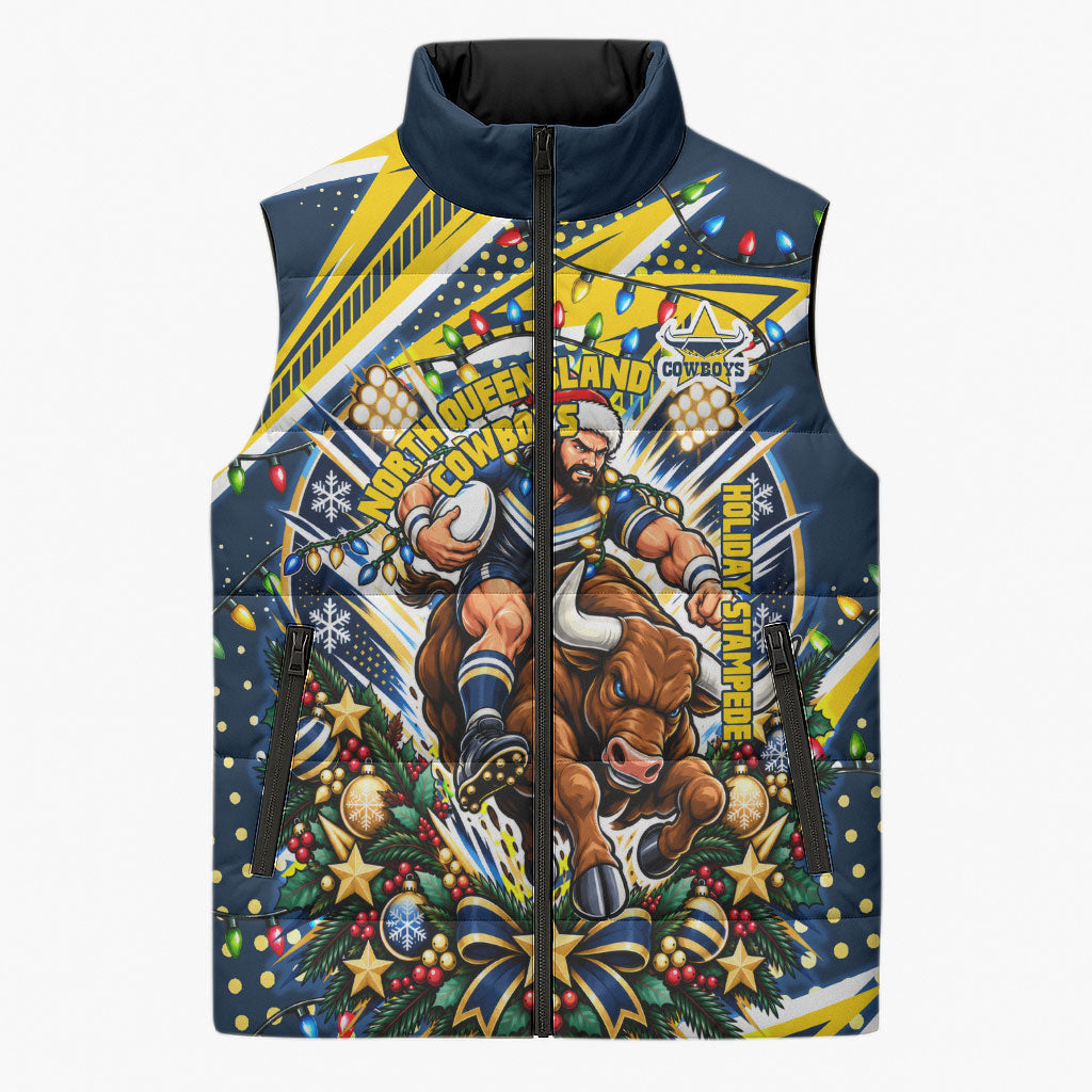 Personalized North Queensland Cowboys Rugby Christmas Sleeveless Puffer Jacket Holiday Mascot Graphic Art Festive Lights Bow