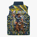 Personalized North Queensland Cowboys Rugby Christmas Sleeveless Puffer Jacket Holiday Mascot Graphic Art Festive Lights Bow