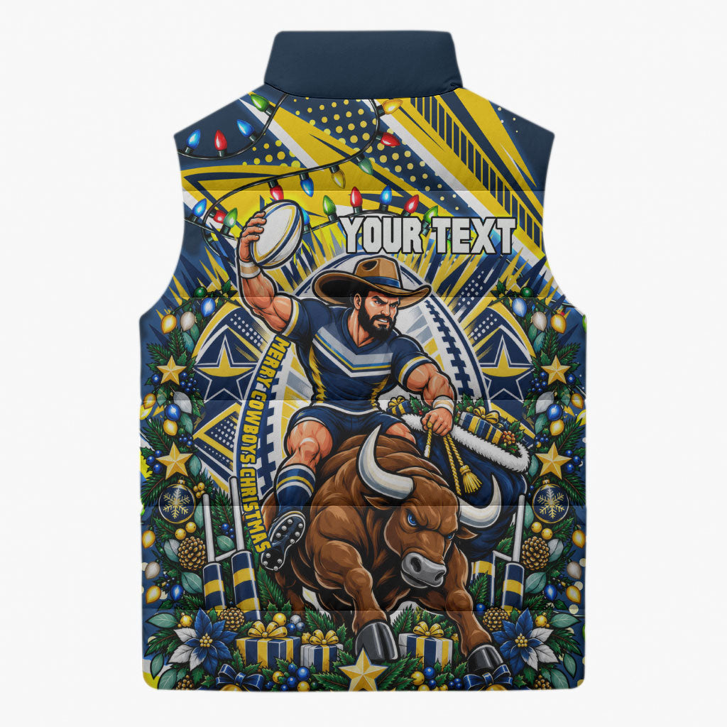 Personalized North Queensland Cowboys Rugby Christmas Sleeveless Puffer Jacket Holiday Mascot Graphic Art Festive Lights Bow