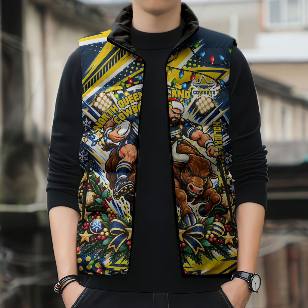 Personalized North Queensland Cowboys Rugby Christmas Sleeveless Puffer Jacket Holiday Mascot Graphic Art Festive Lights Bow