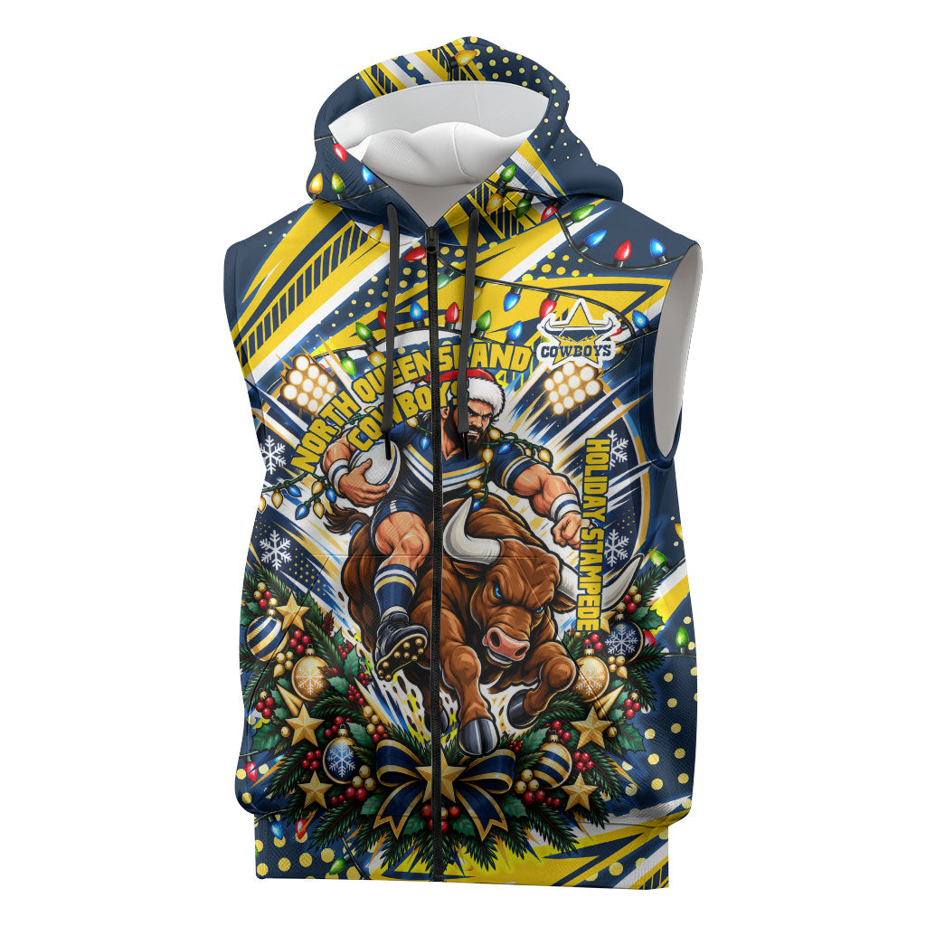 Personalized North Queensland Cowboys Rugby Christmas Sleeveless Zip Hoodie Holiday Mascot Graphic Art Festive Lights Bow
