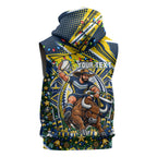 Personalized North Queensland Cowboys Rugby Christmas Sleeveless Zip Hoodie Holiday Mascot Graphic Art Festive Lights Bow