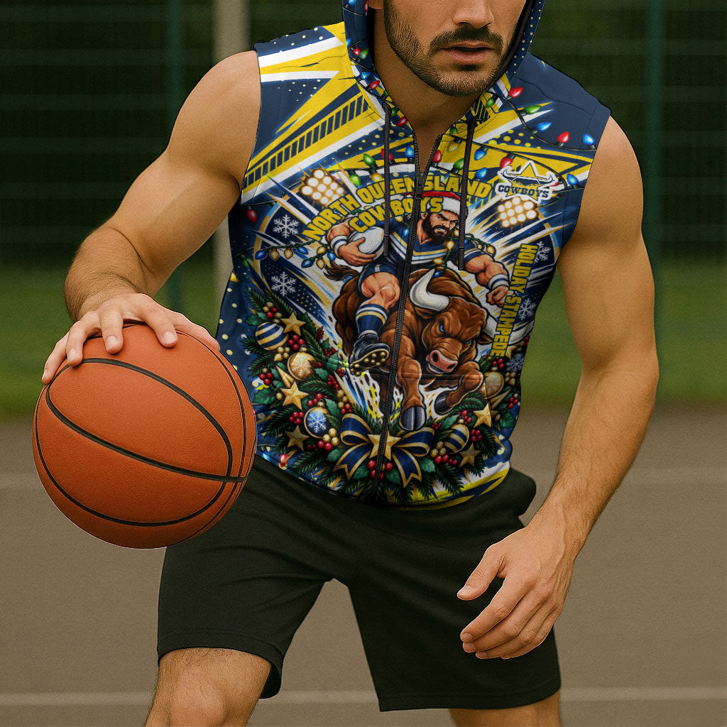 Personalized North Queensland Cowboys Rugby Christmas Sleeveless Zip Hoodie Holiday Mascot Graphic Art Festive Lights Bow