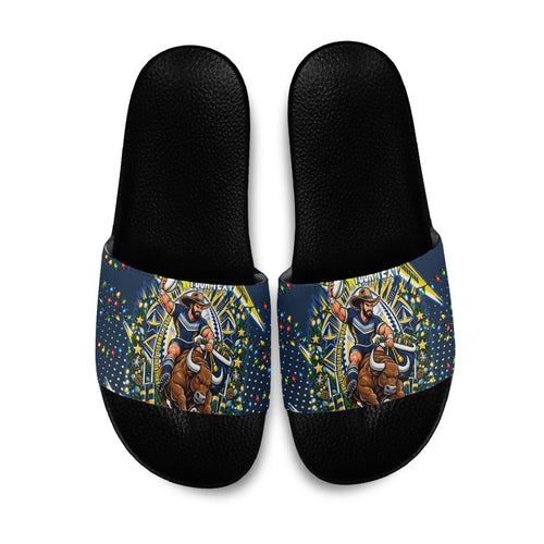 Personalized North Queensland Cowboys Rugby Christmas Slide Sandals Holiday Mascot Graphic Art Festive Lights Bow
