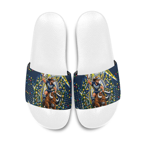 Personalized North Queensland Cowboys Rugby Christmas Slide Sandals Holiday Mascot Graphic Art Festive Lights Bow