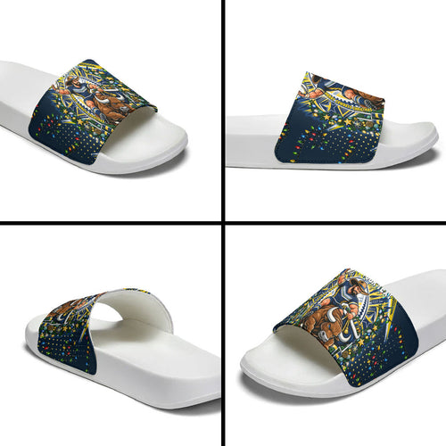 Personalized North Queensland Cowboys Rugby Christmas Slide Sandals Holiday Mascot Graphic Art Festive Lights Bow