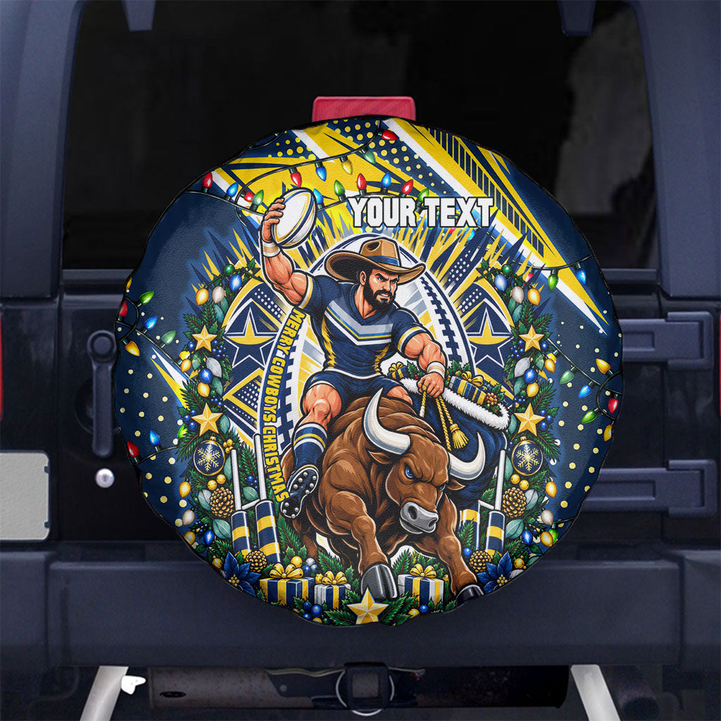 Personalized North Queensland Cowboys Rugby Christmas Spare Tire Cover Holiday Mascot Graphic Art Festive Lights Bow