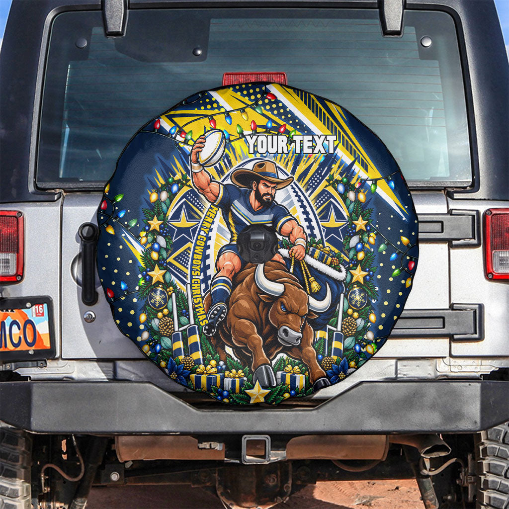 Personalized North Queensland Cowboys Rugby Christmas Spare Tire Cover Holiday Mascot Graphic Art Festive Lights Bow
