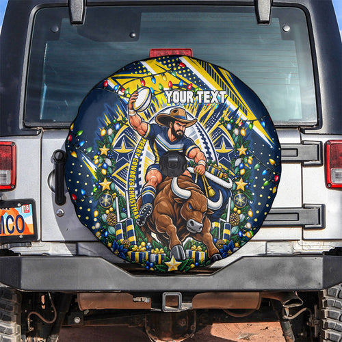 Personalized North Queensland Cowboys Rugby Christmas Spare Tire Cover Holiday Mascot Graphic Art Festive Lights Bow