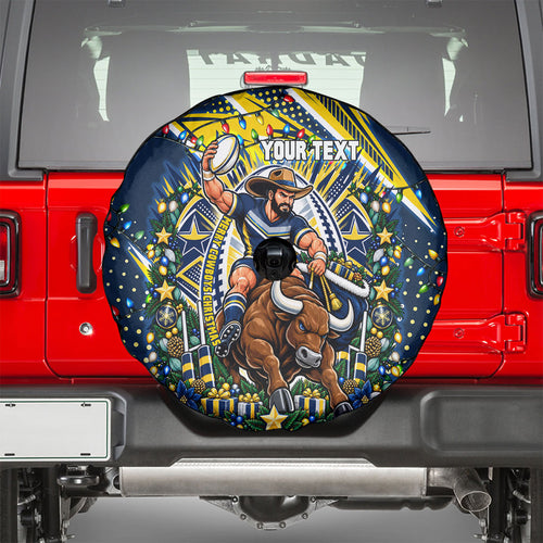 Personalized North Queensland Cowboys Rugby Christmas Spare Tire Cover Holiday Mascot Graphic Art Festive Lights Bow