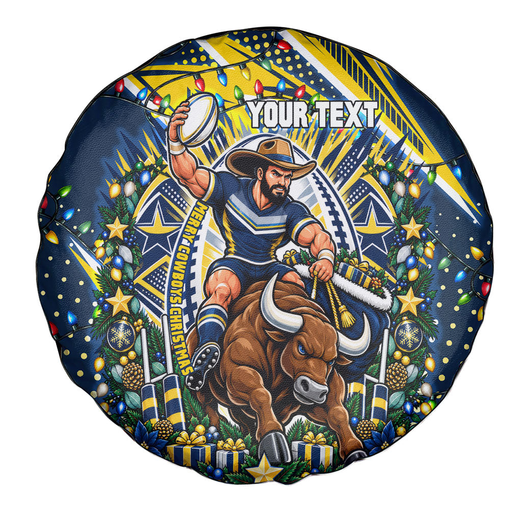 Personalized North Queensland Cowboys Rugby Christmas Spare Tire Cover Holiday Mascot Graphic Art Festive Lights Bow