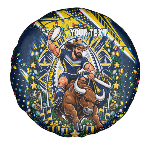 Personalized North Queensland Cowboys Rugby Christmas Spare Tire Cover Holiday Mascot Graphic Art Festive Lights Bow